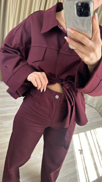 Bordo Kuşaklı Denim Takım