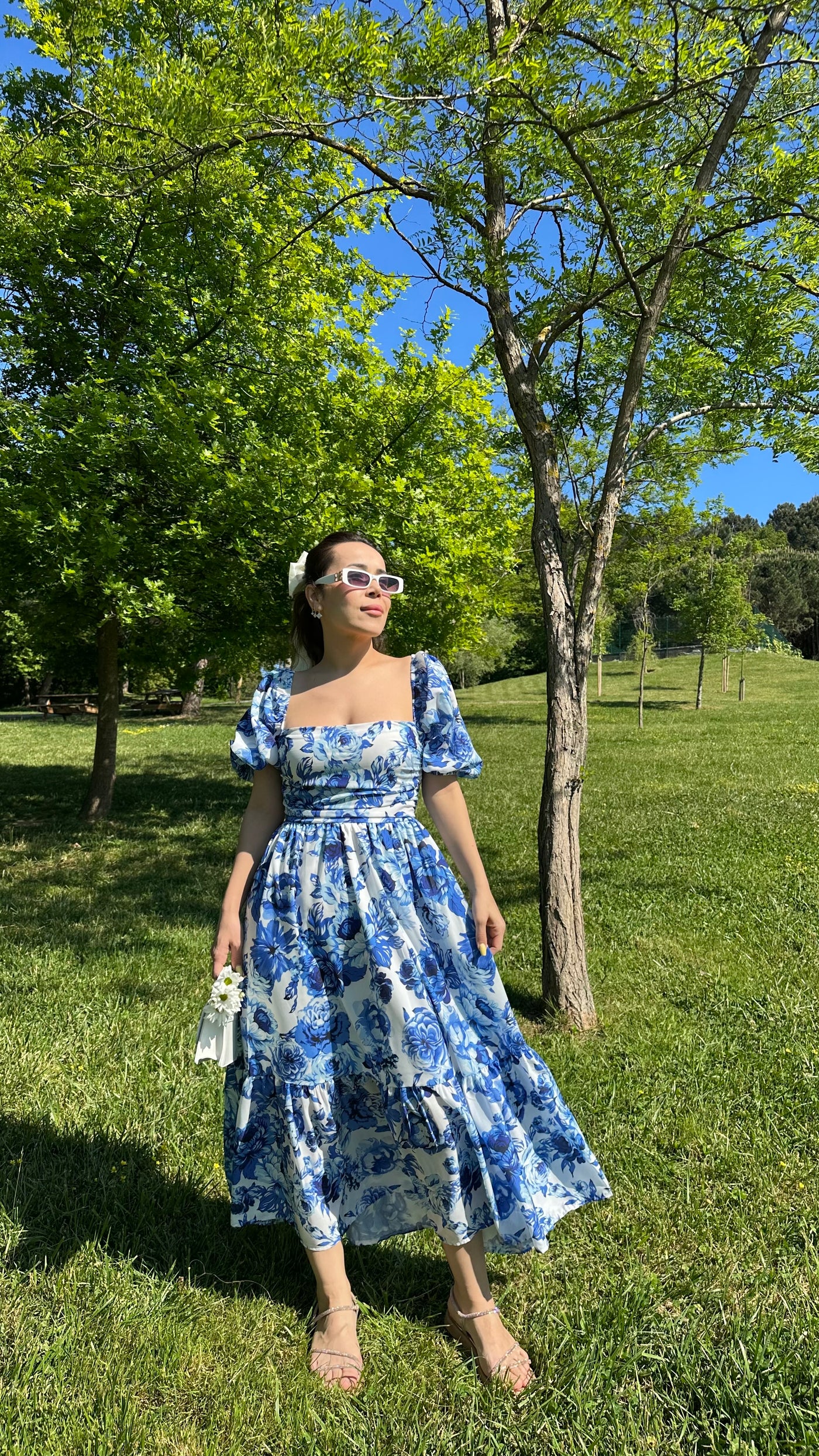 Beyaz Mavi Çiçekli Karpuz Kol Elbise