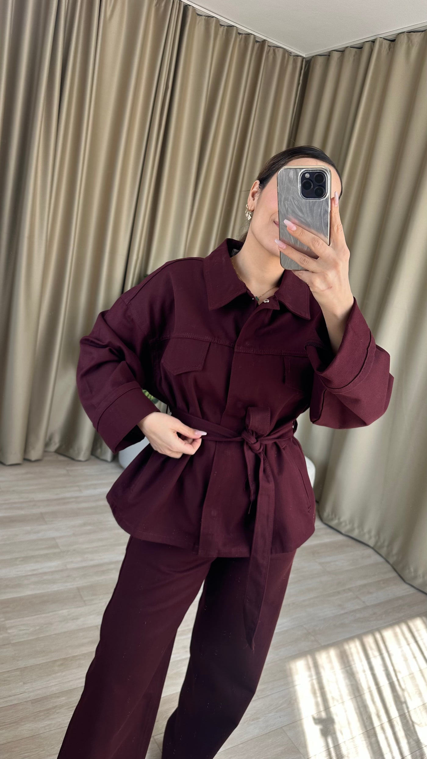 Bordo Kuşaklı Denim Takım