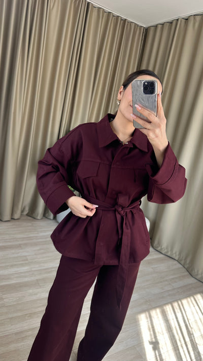 Bordo Kuşaklı Denim Takım