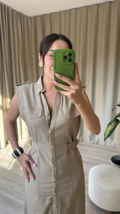KETEN bej MİDİ ELBİSE