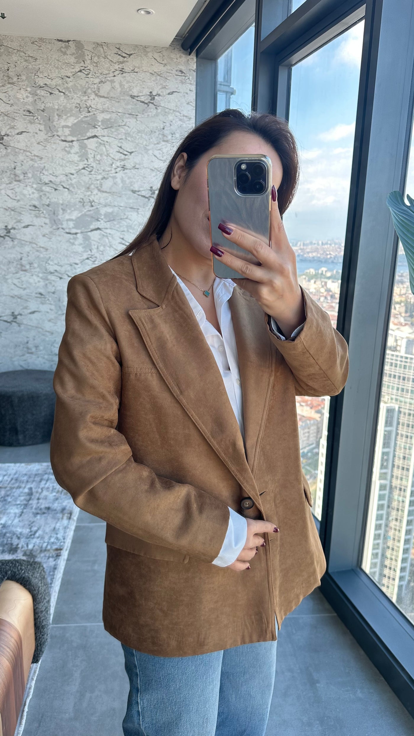 Camel Süet Blazer Ceket