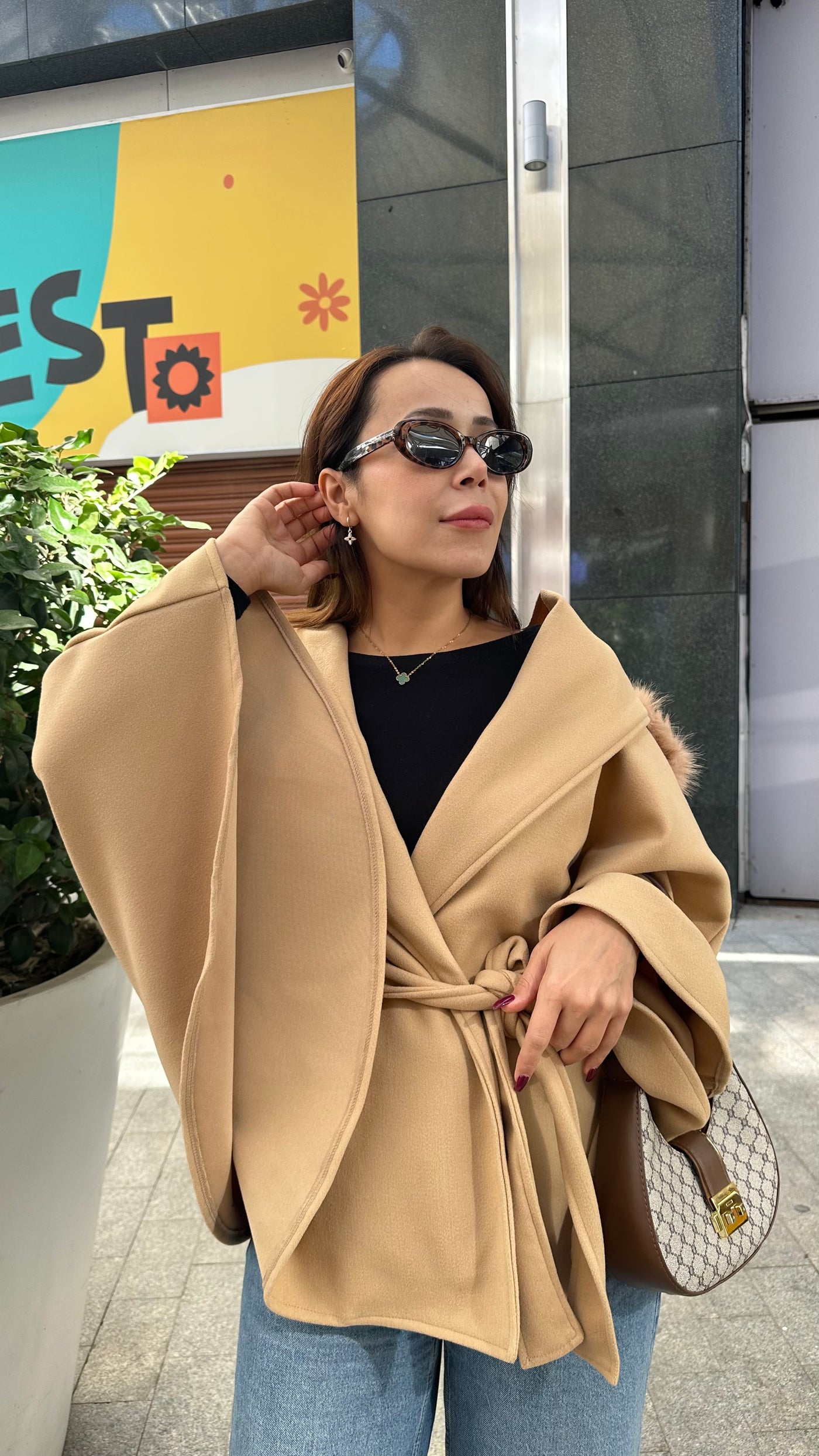 Camel Kürk Kapşonlu Kaşe Panço ( Ön sipariş)