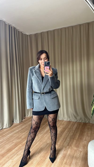 Gri Dokulu Kemerli blazer ceket
