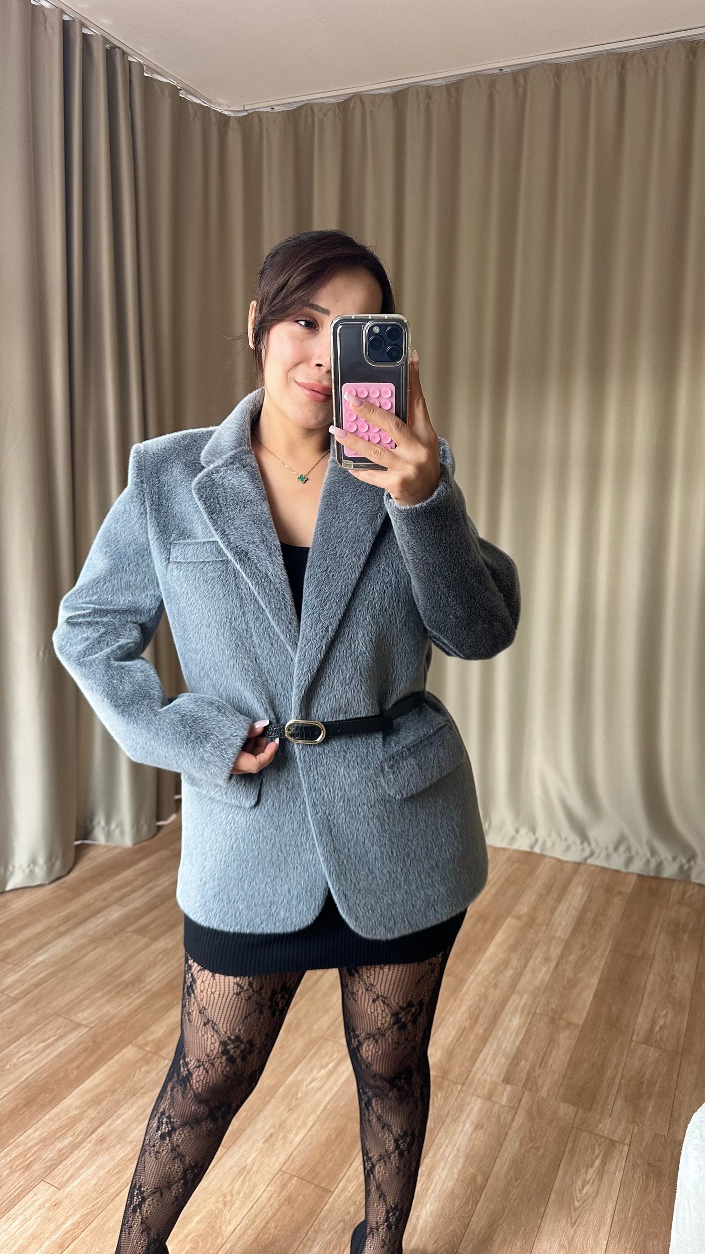 Gri Dokulu Kemerli blazer ceket
