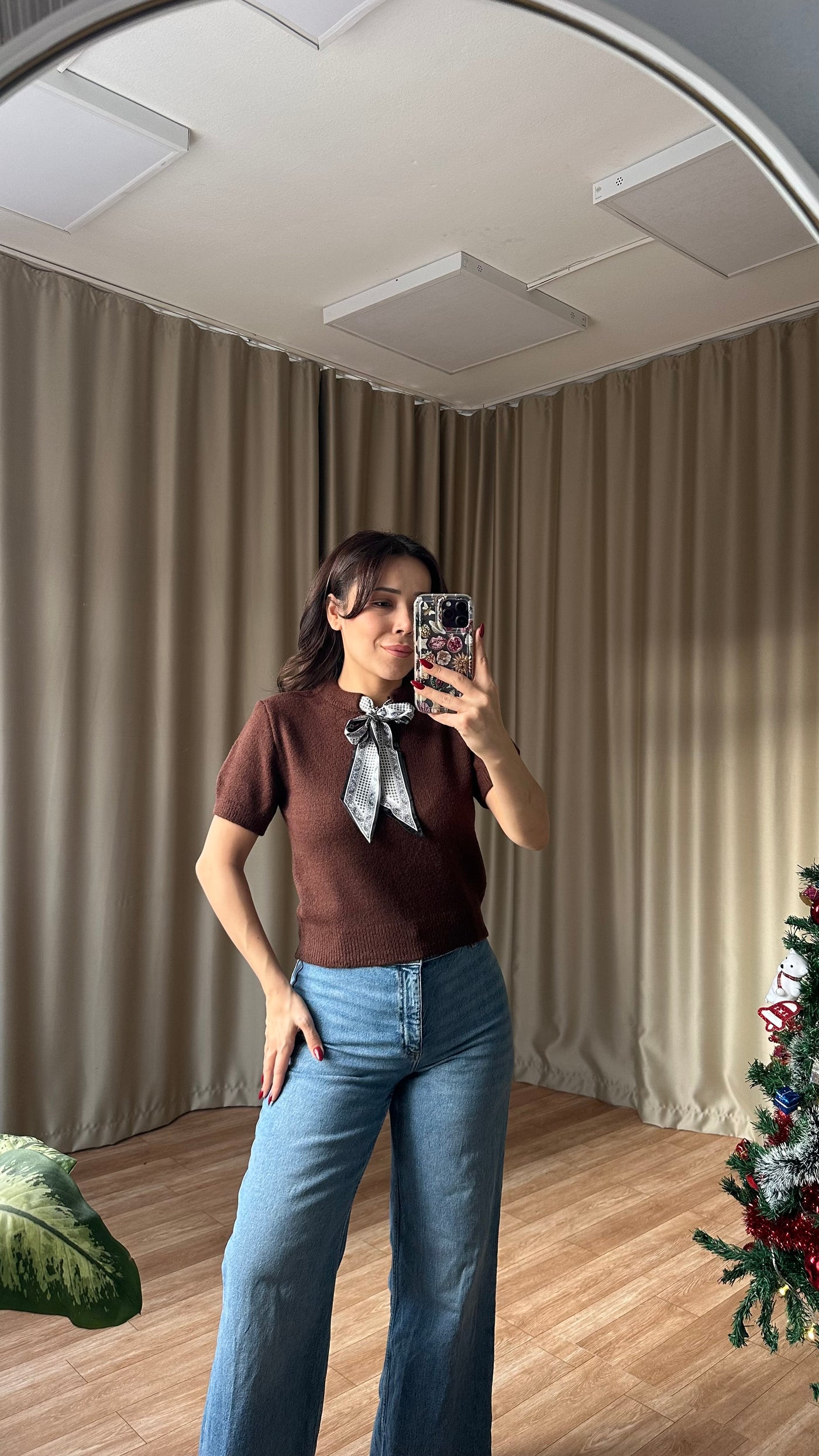 Fularlı triko kazak kahve