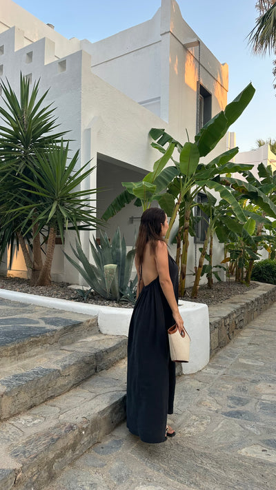 Boyundan bağlamalı tencel Modal kumaş siyah elbise