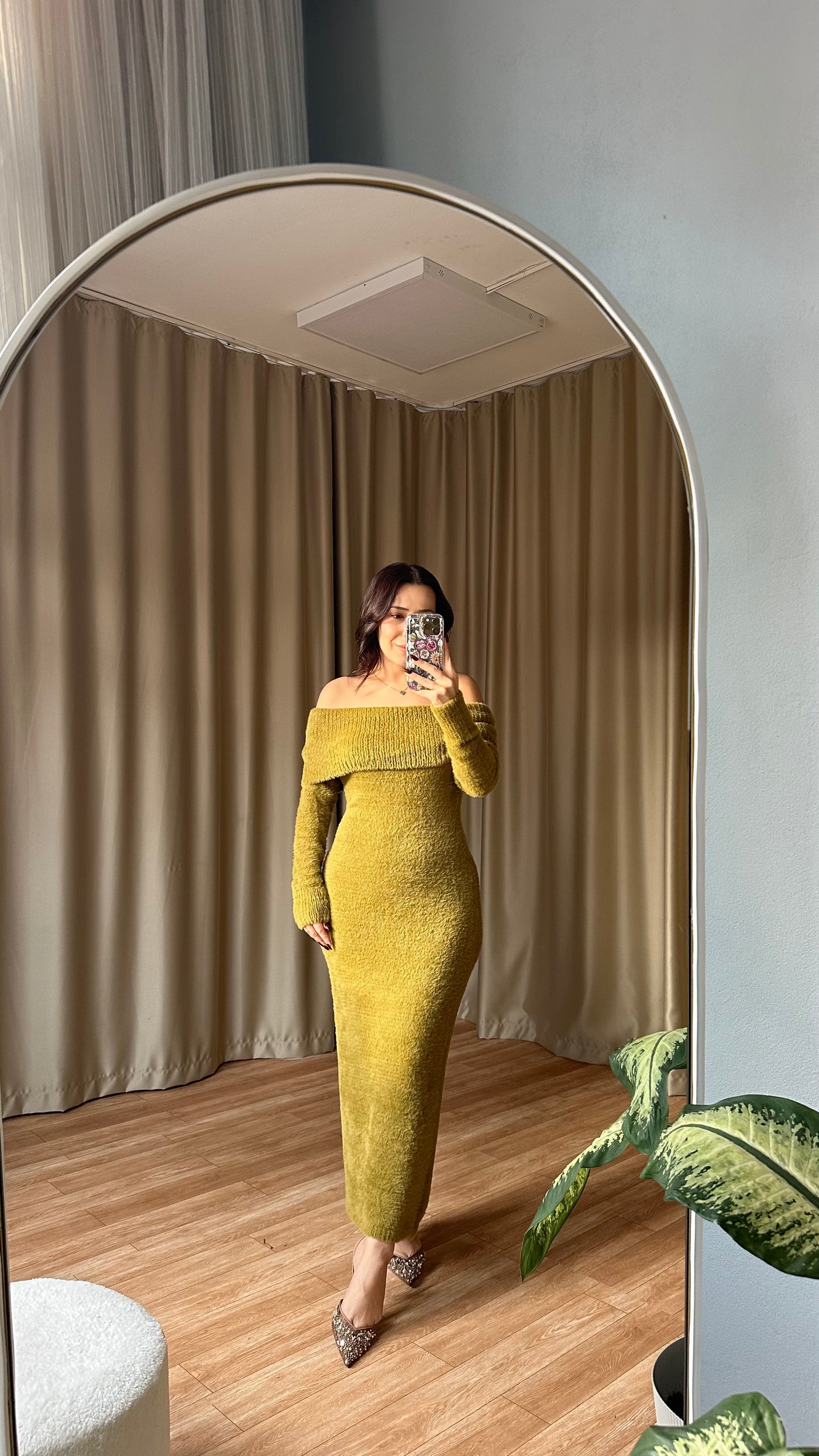 MADONNA YAKA yağ yeşili SAKALLI TRİKO ELBİSE