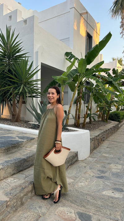 Boyundan bağlamalı tencel Modal kumaş haki elbise