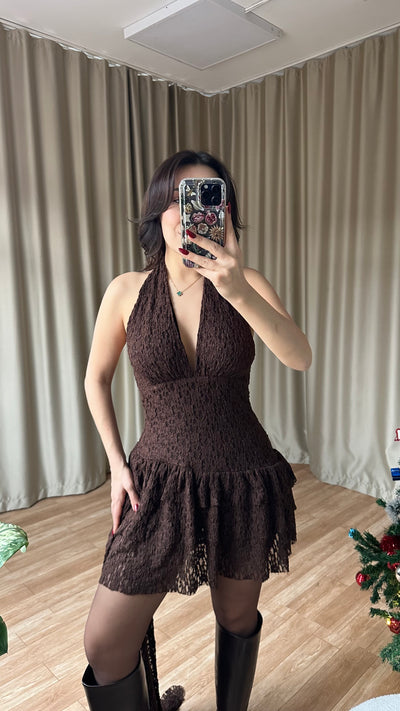 Özel Tasarım Dantel detaylı kahve elbise