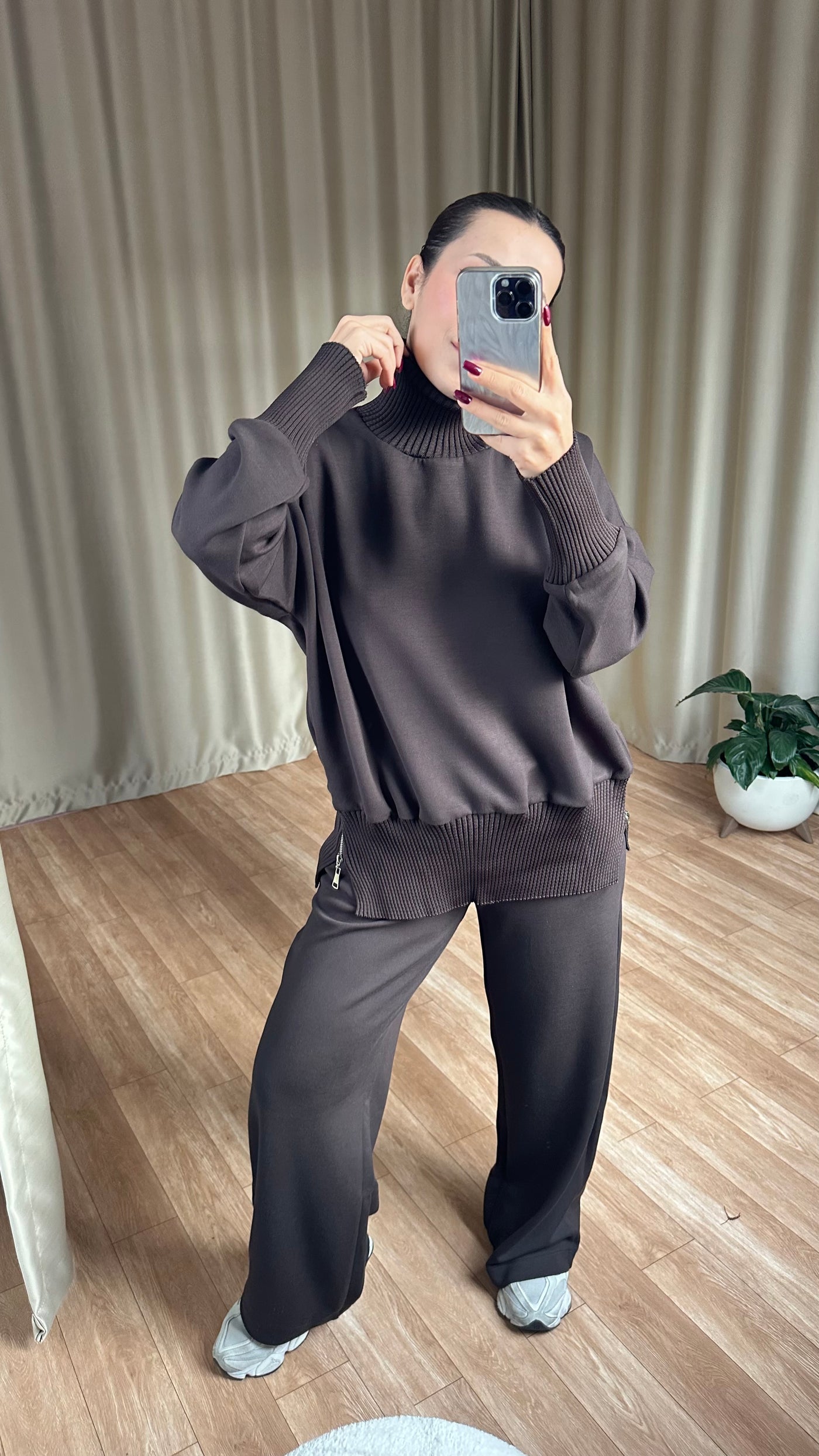 Kahve Balıkçı Yaka Yan Fermuarlı Modal Takım