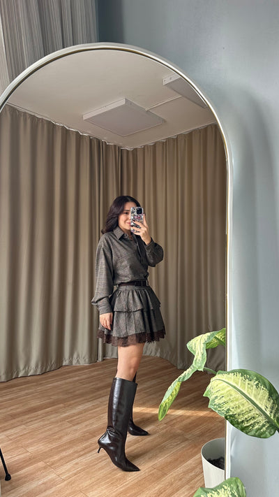 Kahve Dantel detaylı kendinden kemerli ekose takım