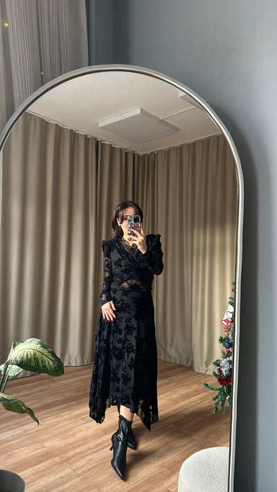 KADİFE BASKILI ASİMETRİK ETEK