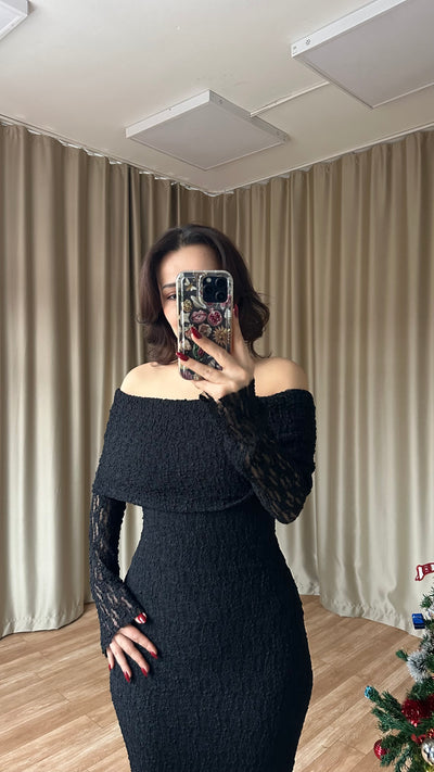 Dantel detaylı Madonna siyah elbise