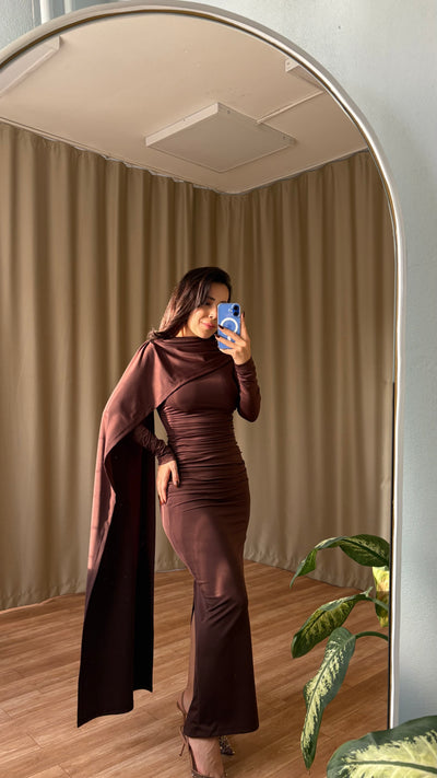 Şal detaylı elbise ( kahve )