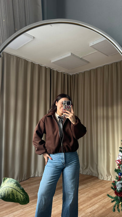 Kahve Balon slüetli kaşe bomber ceket