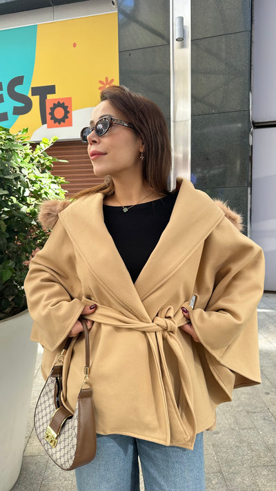 Camel Kürk Kapşonlu Kaşe Panço ( Ön sipariş)