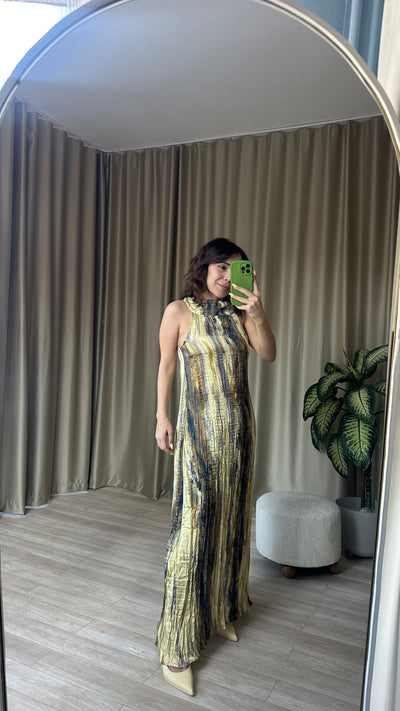Halter yaka sarı tonlu elbisemiz