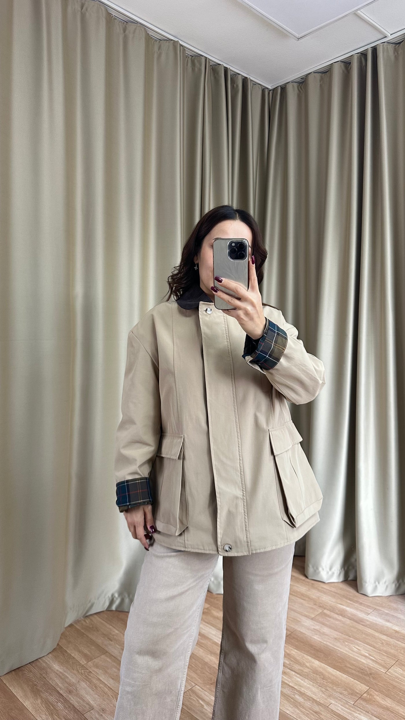 Ekose Astarlı kadife yakalı camel ceket
