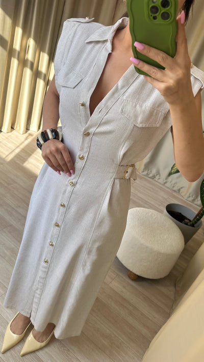 Keten taş midi elbise