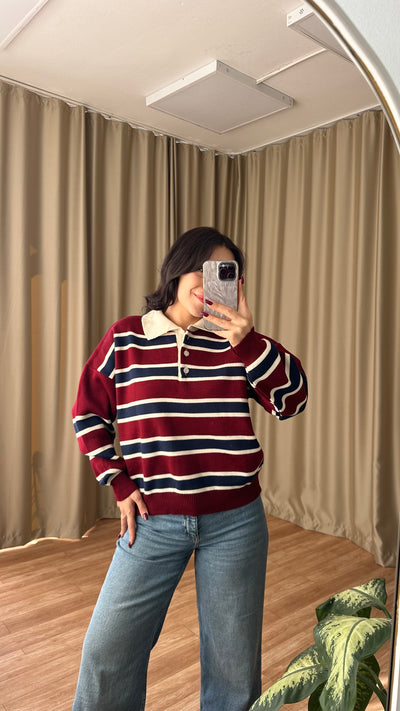 Bordo çizgili kazak