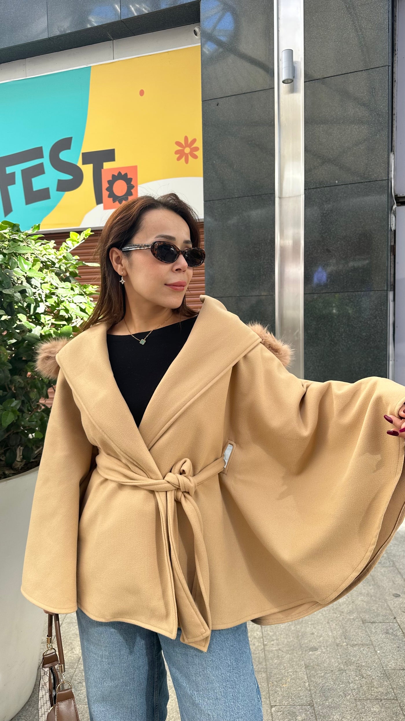Camel Kürk Kapşonlu Kaşe Panço ( Ön sipariş)