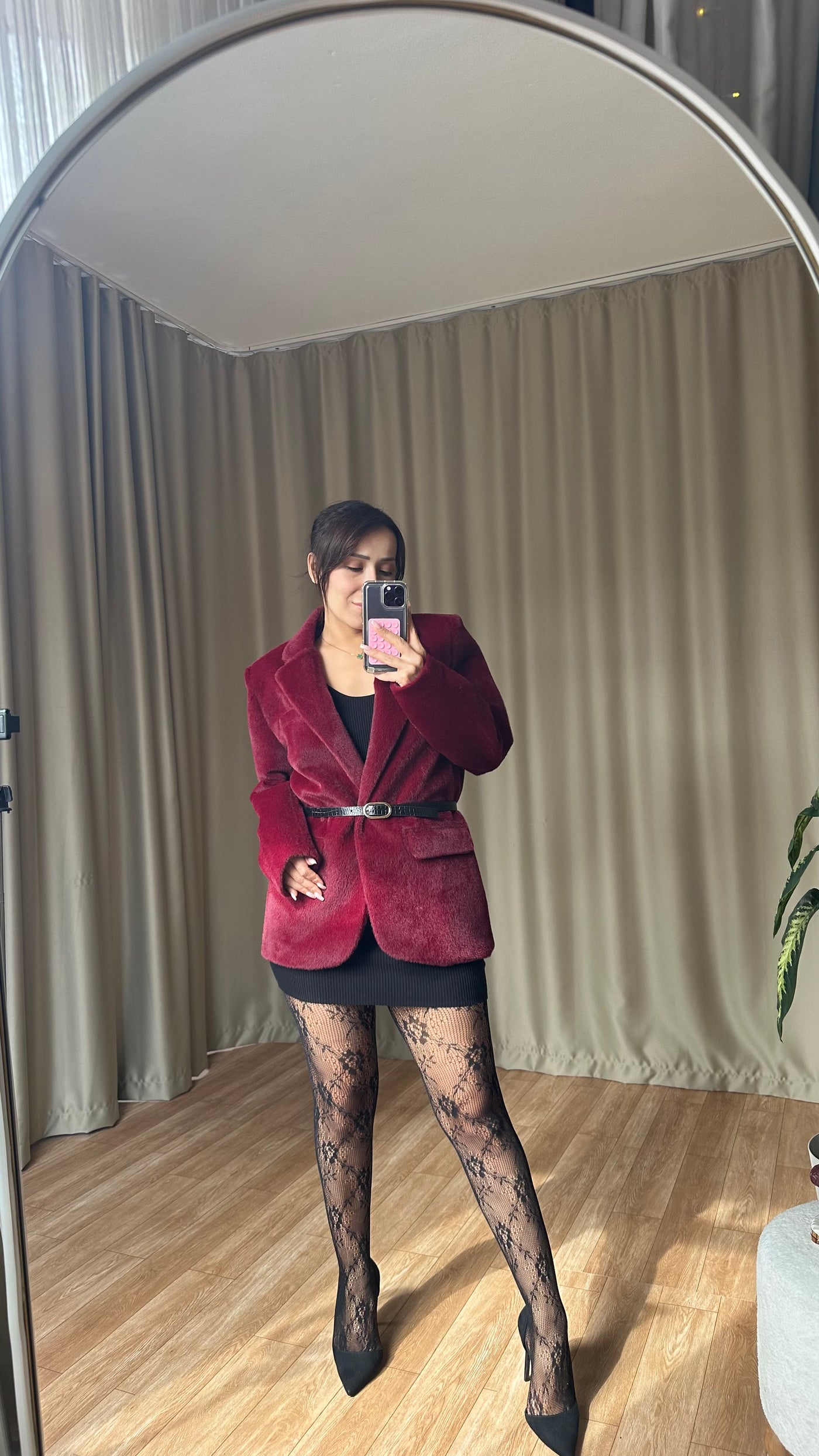 Bordo Dokulu Kemerli blazer ceket