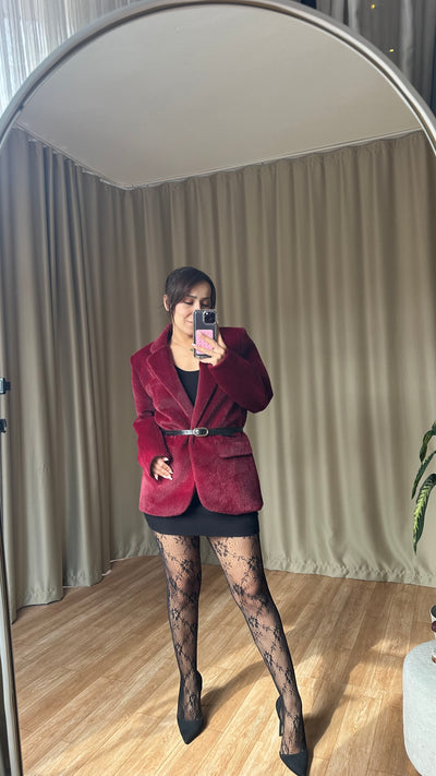 Bordo Dokulu Kemerli blazer ceket