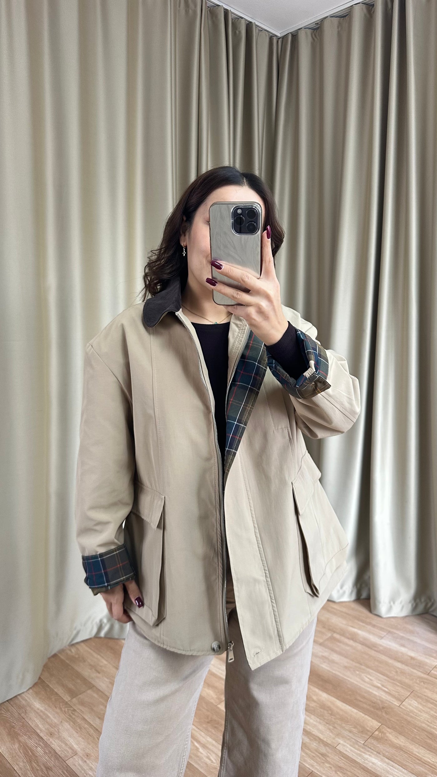 Ekose Astarlı kadife yakalı camel ceket