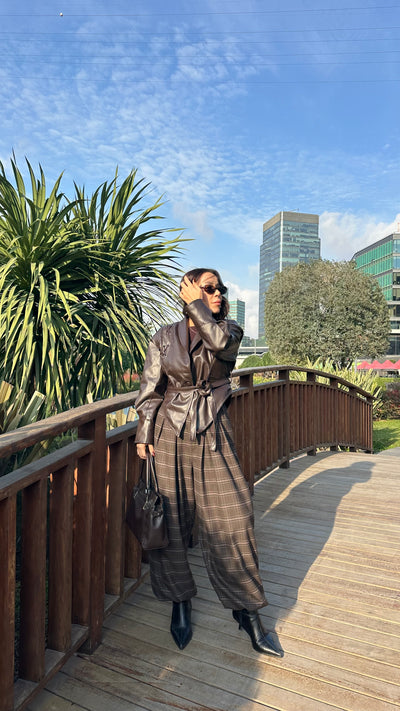 Acı kahve belden kuşaklı deri ceket