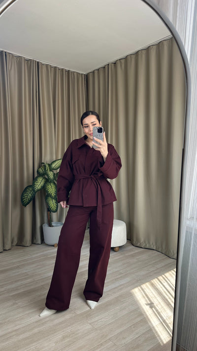 Bordo Kuşaklı Denim Takım