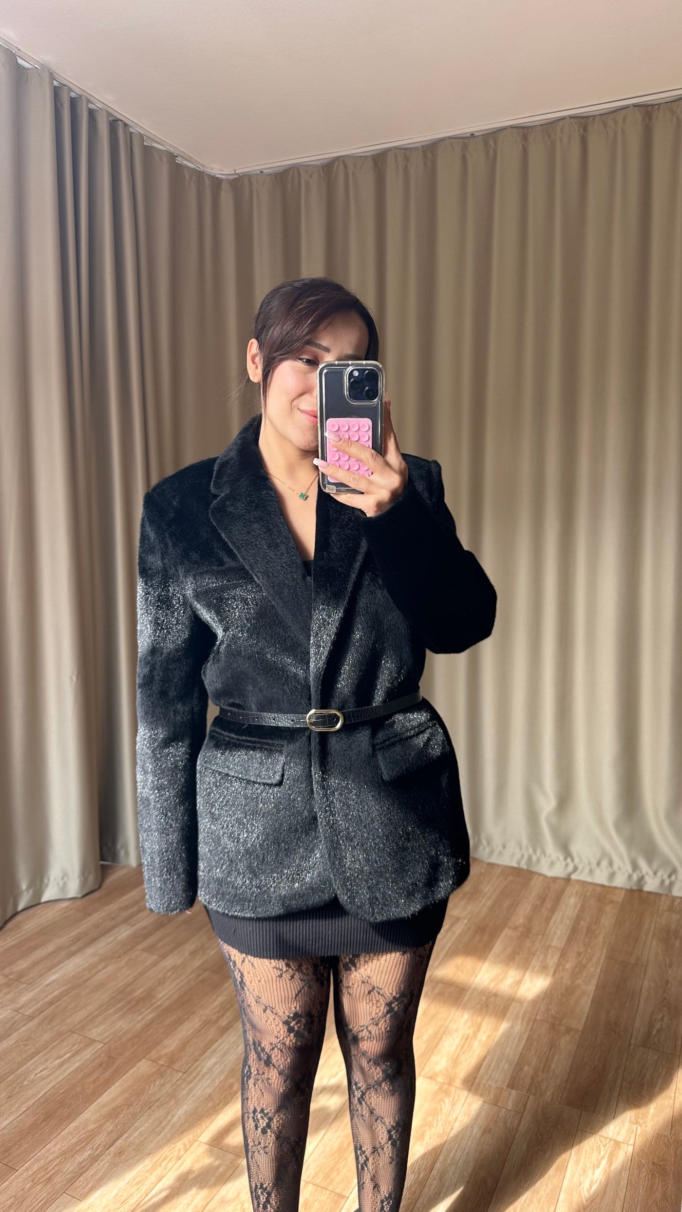 Siyah Dokulu Kemerli blazer ceket