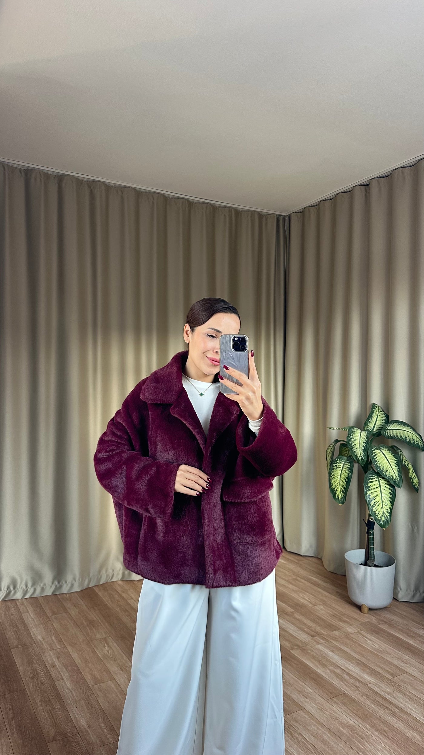 Bordo peluş kürk