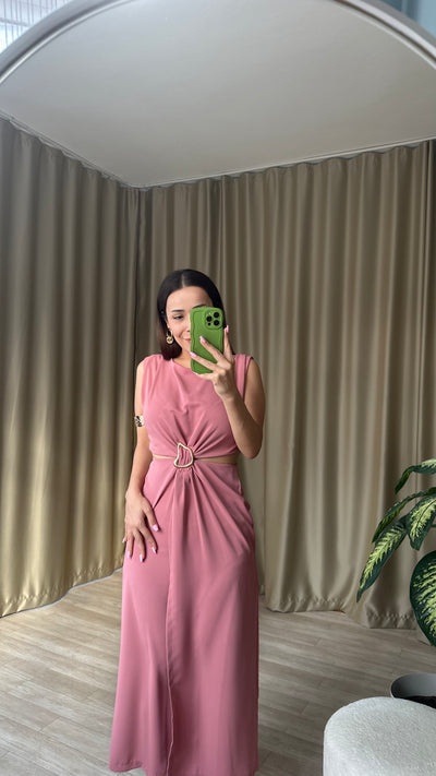 Pembe Gold toka detaylı yırtmaçlı elbise