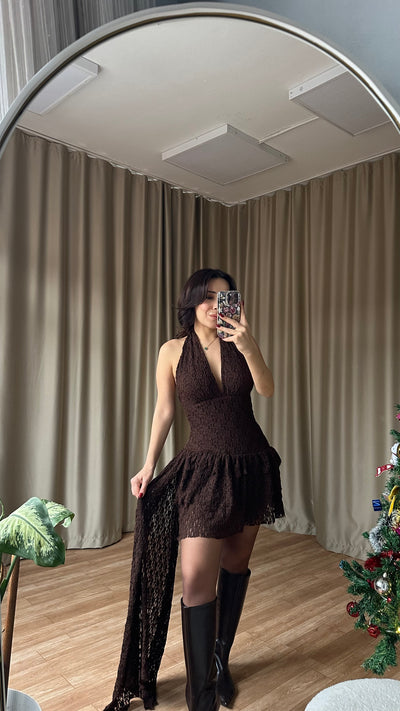 Özel Tasarım Dantel detaylı kahve elbise