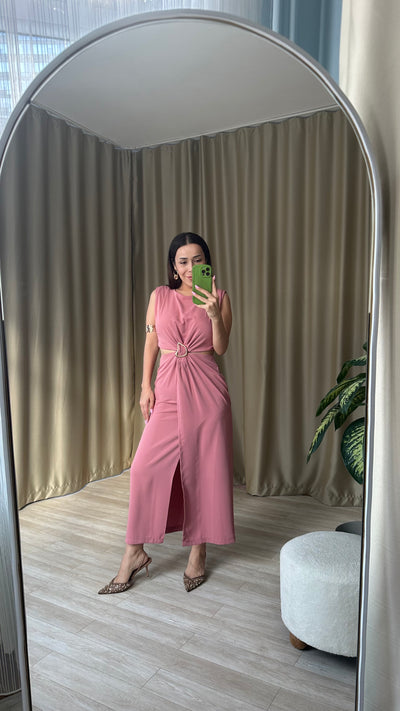 Pembe Gold toka detaylı yırtmaçlı elbise