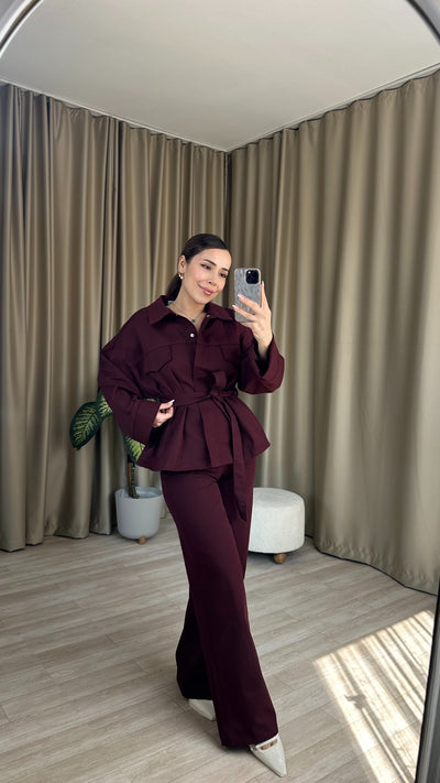 Bordo Kuşaklı Denim Takım