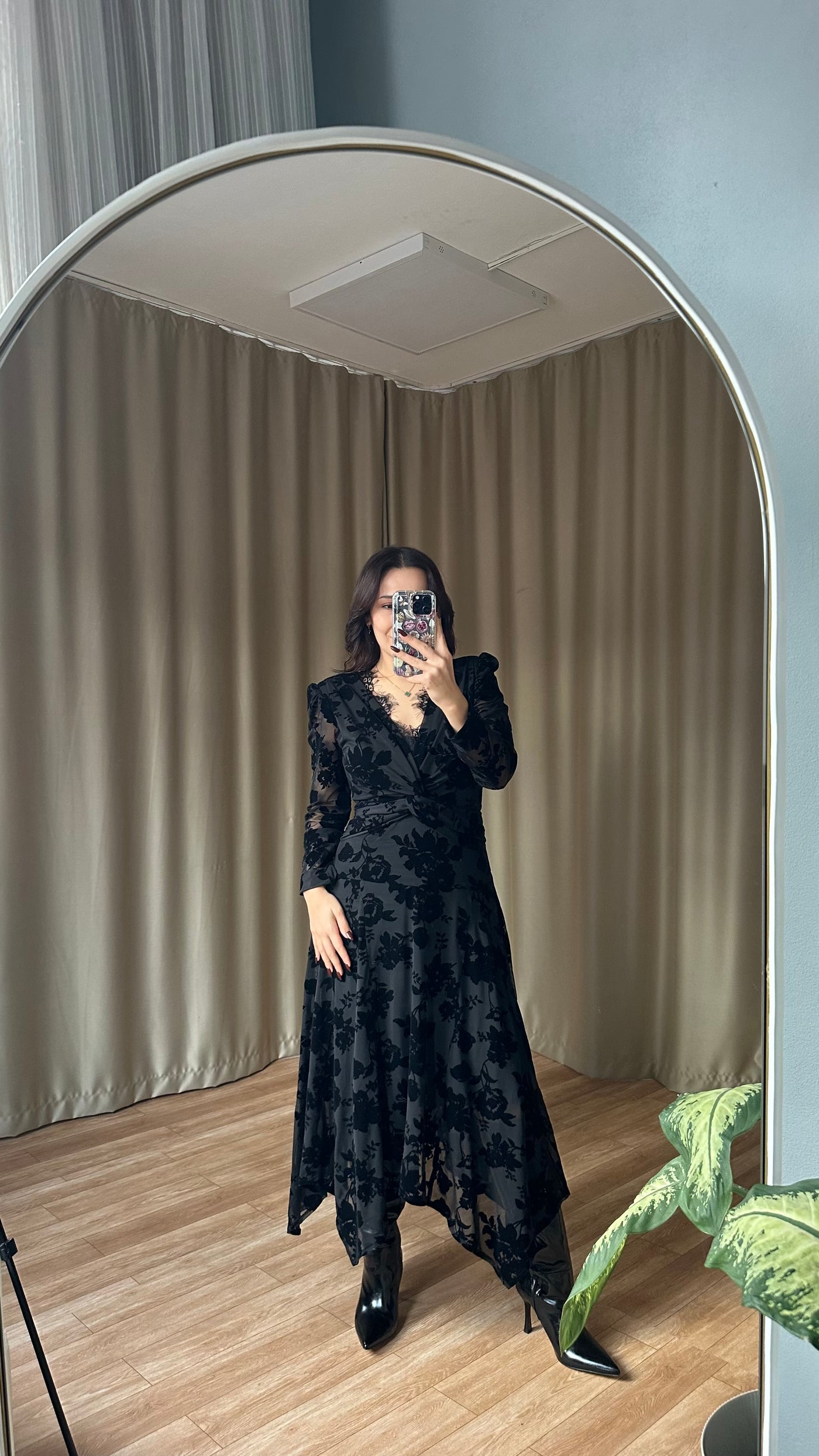 Siyah kadife baskılı dantel detaylı elbise - ön sipariş ‼️