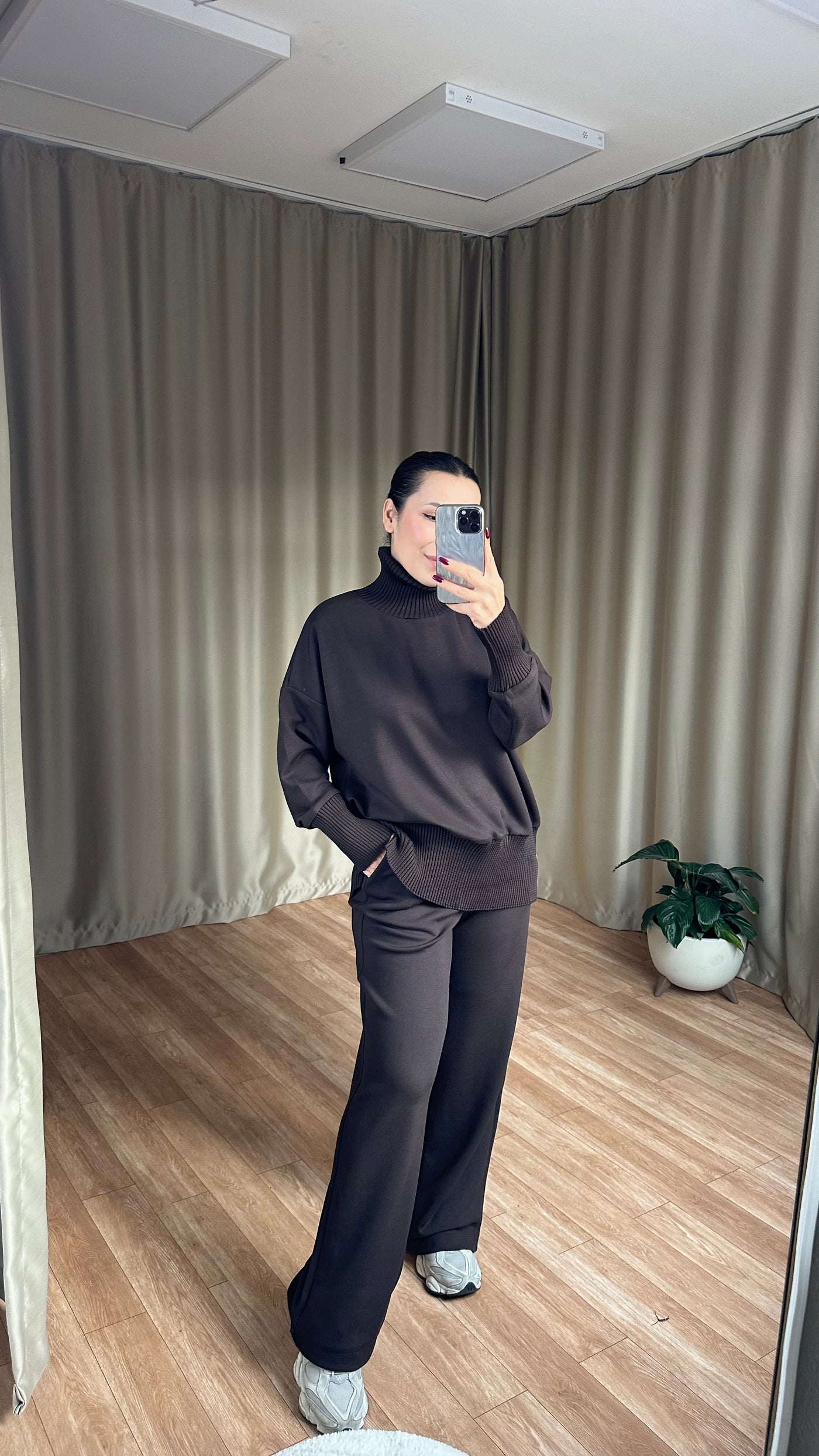 Kahve Balıkçı Yaka Yan Fermuarlı Modal Takım