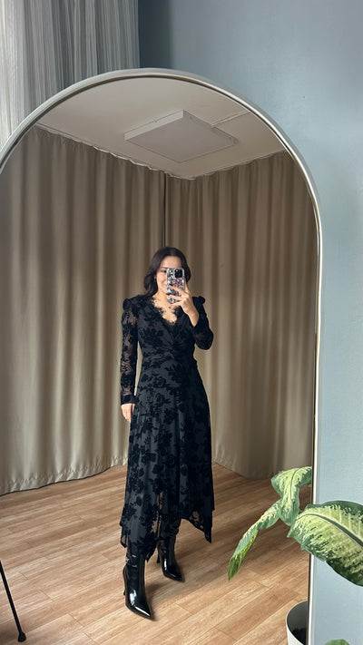 Siyah kadife baskılı dantel detaylı elbise - ön sipariş ‼️