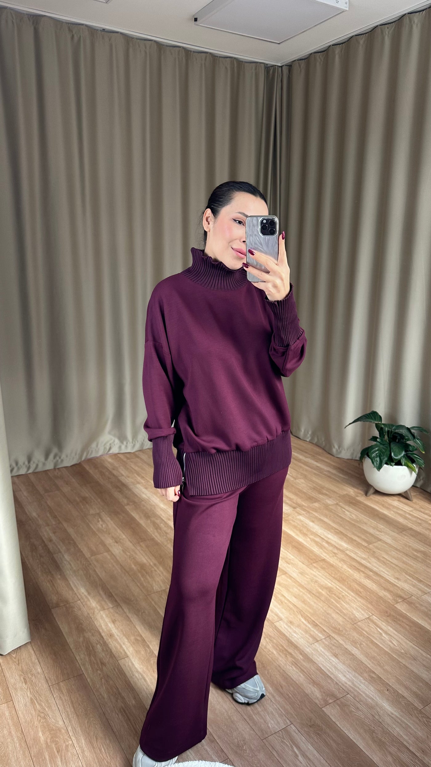 Bordo Balıkçı Yaka Yan Fermuarlı Modal Takım