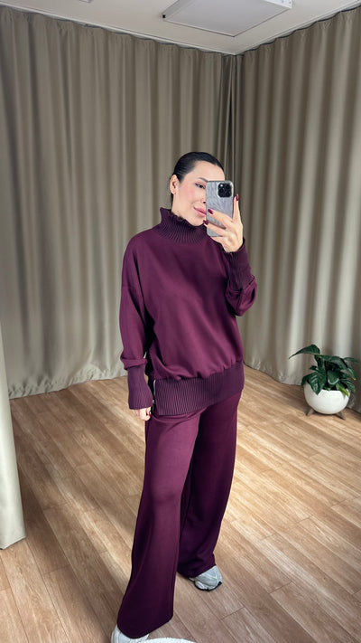 Bordo Balıkçı Yaka Yan Fermuarlı Modal Takım