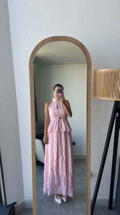 Halter yaka pembe elbise görünümlü takım