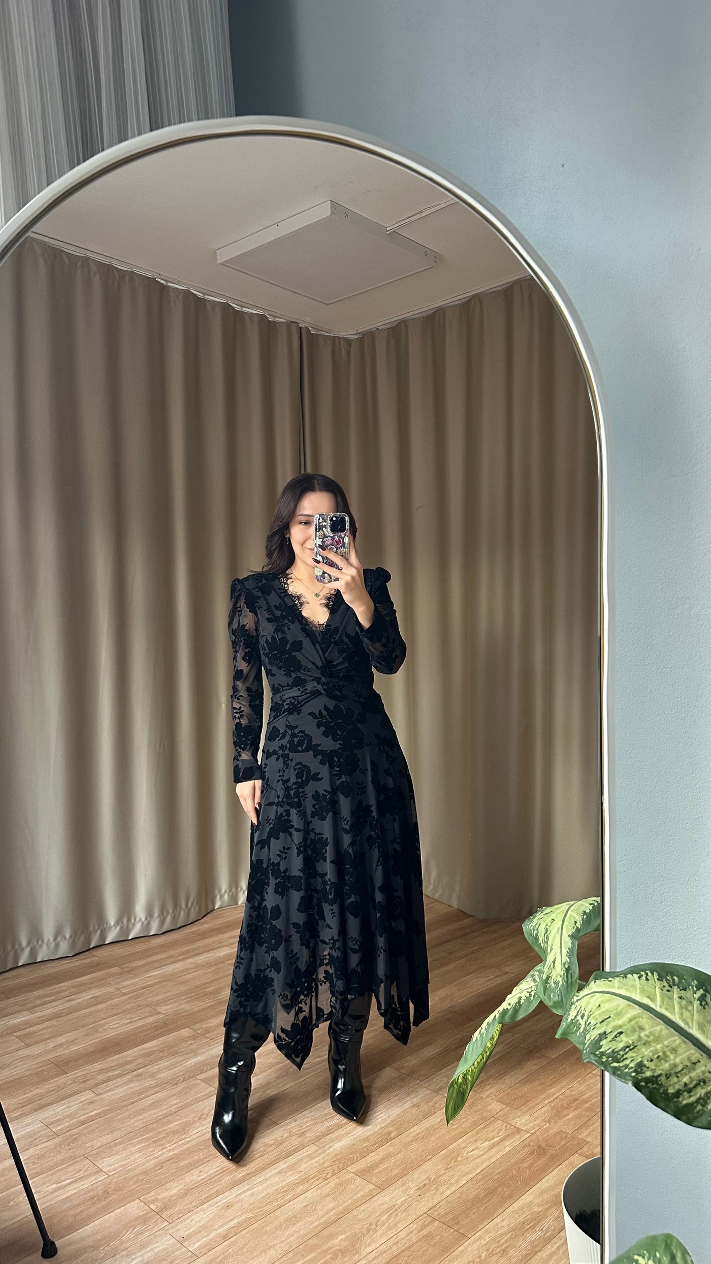 Siyah kadife baskılı dantel detaylı elbise - ön sipariş ‼️