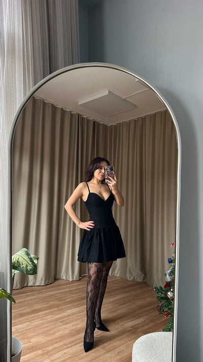 Pileli Süet Siyah elbise