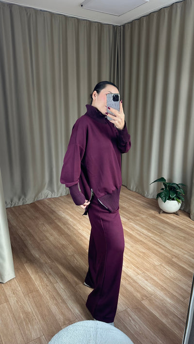 Bordo Balıkçı Yaka Yan Fermuarlı Modal Takım