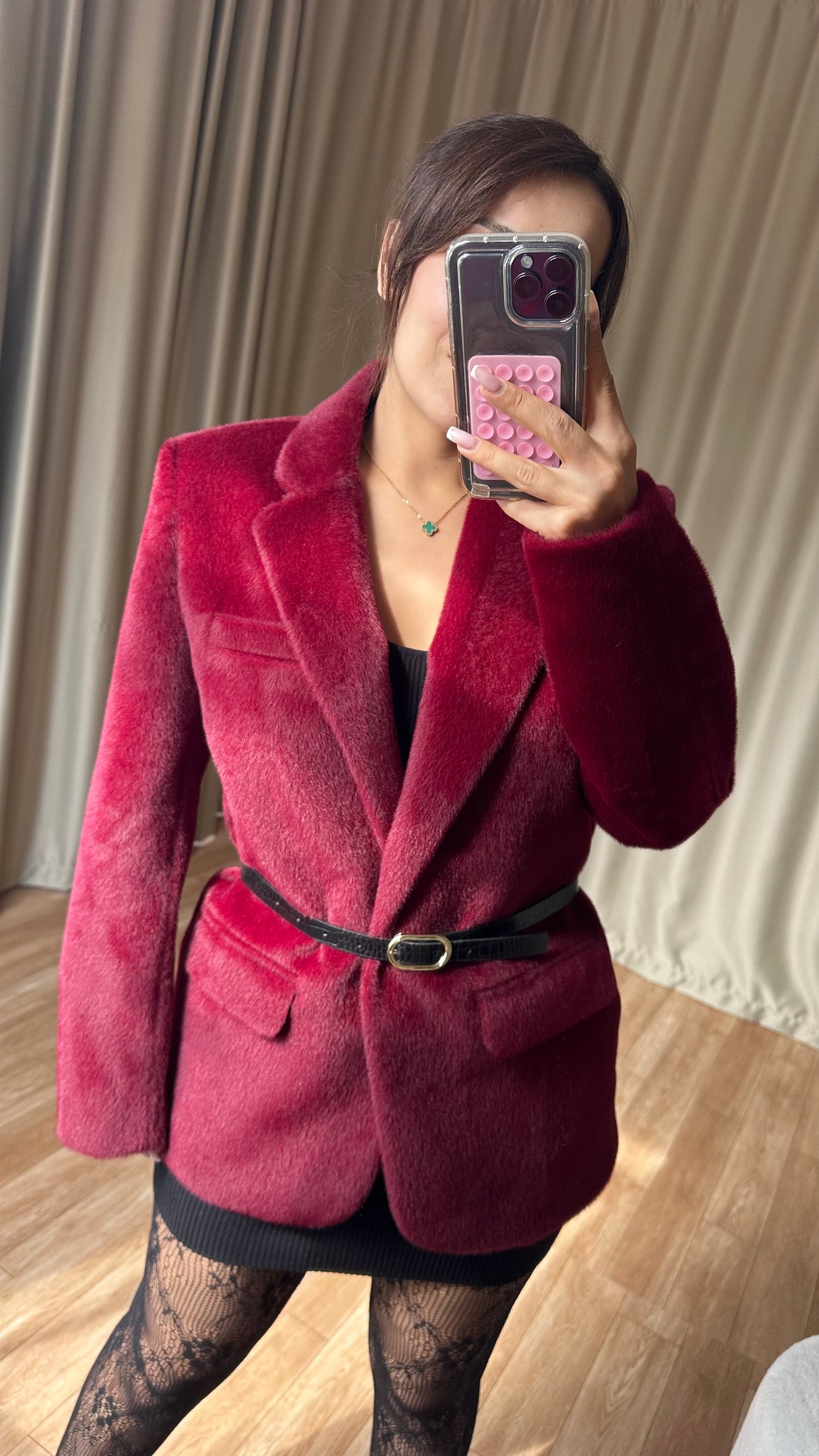 Bordo Dokulu Kemerli blazer ceket