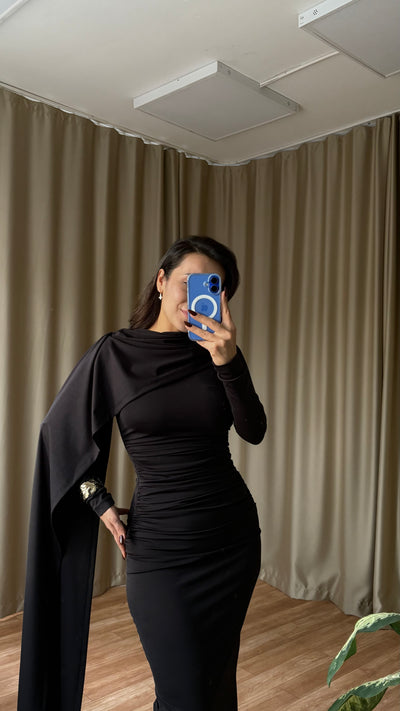 Şal detaylı elbise ( Siyah )