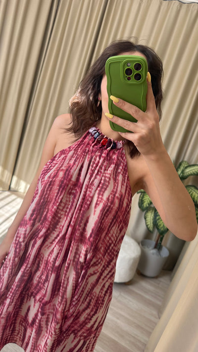 Halter yaka taş detaylı elbise