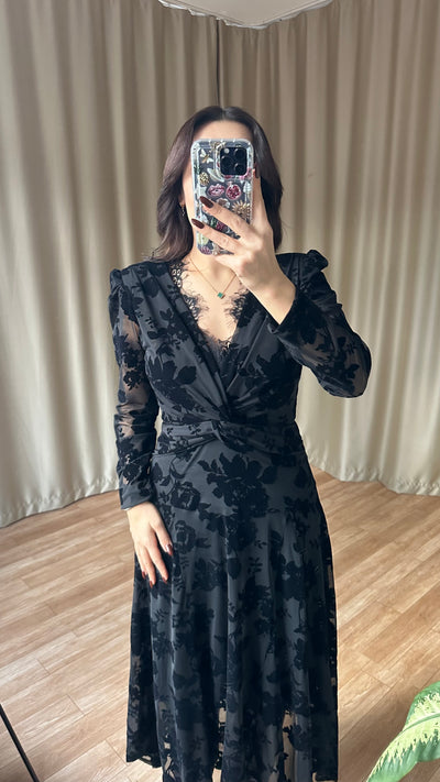 Siyah kadife baskılı dantel detaylı elbise - ön sipariş ‼️